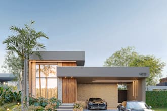 structured exterior design with terrace, landscape, greenery, lighting, car park