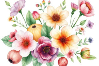 create a digital watercolor botanical illustration of flowers, plants, fruits