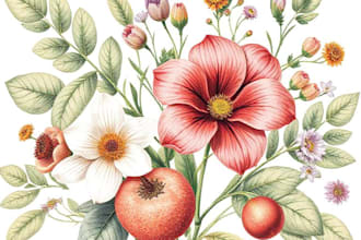 make a botanical illustration of flowers, plants, fruits