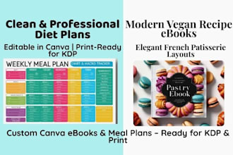 design a canva diet plan, vegan recipe ebook, french patisserie ebook and layout