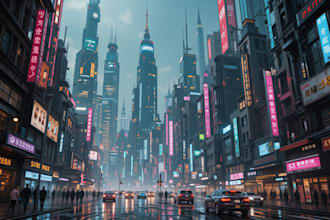 do a cyberpunk futuristic city art
