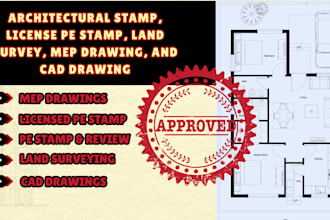architectural stamp, license pe stamp, land survey, mep drawing, and cad drawing