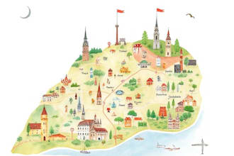custom watercolor map illustration with landmarks, wedding