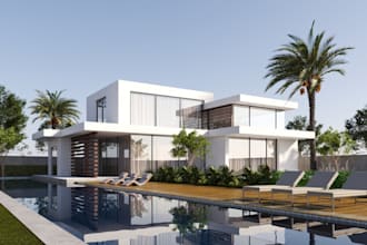 customized 3d modern villa, cgi rendering, swimming pool, patios, villa interior