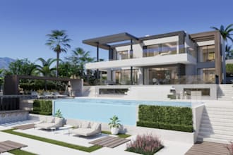 buildup villa house exterior cgi,house property model,terrain,living room design
