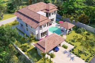 build 3d skp realistic render,landscape design,resort park,villa exterior design