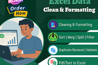excel data cleaning, split, merge, formatting, sorting, deduping
