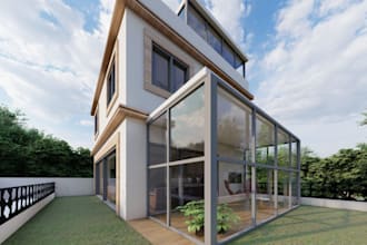 visualize 3d exterior villa house, terrain outdoor,  3d render chat pitpool cgi