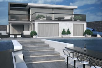 renovate 3d facades house,3d swimming pool, living room design, furniture,render