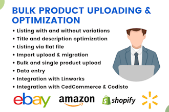 do bulk product listing on amazon ebay shopify and walmart for you