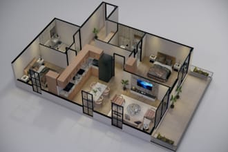 do isometric 3d floor plan model and rendering interior, exterior in sketchup