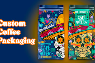 design custom coffee packaging, label, and product mockups