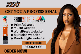 design a bandzoogle or wordpress music website with printful store setup