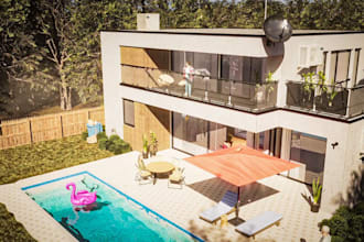 revamp villa indoor,outdoor beach house,garden,pool, cgi render,patio,mud room,