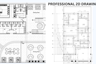 create 2d floor plan, city permit layout, site plan for office, restaurant, bar