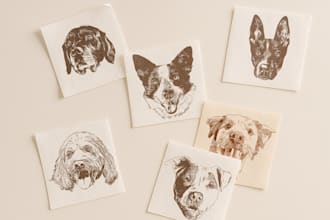 draw line art illustration dog cat into black and white vector pet