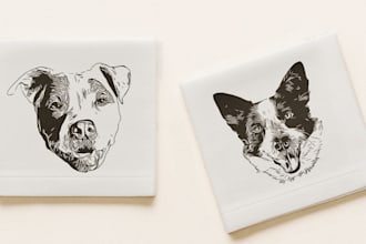 draw vector line art illustration dog cat into black and white pet portrait