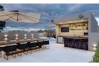 render cgi house rooftop, backyard, landscape, swimming pool, courtyard, terrace