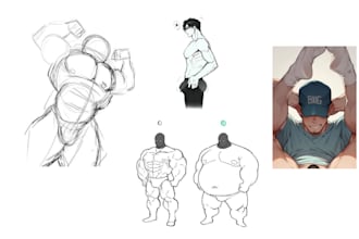 draw muscular and chubby gay bara illustrations sfw and nsfw, yaoi, etc
