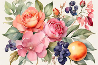 paint watercolor botanical illustration of flowers, plants, fruits
