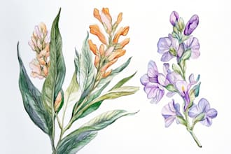 draw vector botanical illustrations of plants, fruits