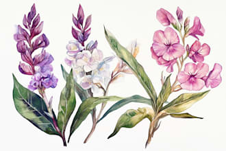 watercolor botanical illustrations of flowers and plants