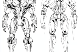 design any type of robot, cyborg, armor or mecha in line art