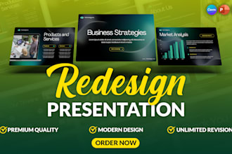 do presentation redesign,powerpoint presentation, pitch deck,google slides,canva