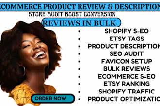 write shopify etsy tag seo description setup favicon product audit bulk reviews