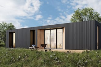 container house exterior landscape terrain,cgi modular home,interior floor plan