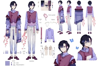 draw 2d furry character reference sheet design for 3d character model and vrchat