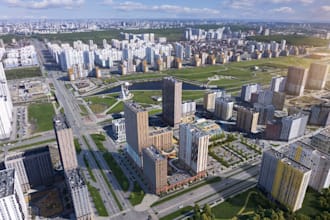 renovate 3d urban city, golf simulator space,3d render,high rise hotel,cityscape