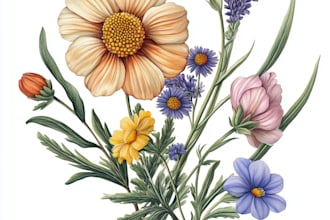 make a botanical illustration line art of plants, flowers
