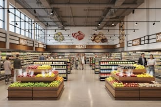 do 3d commercial interior design for supermarket, retail store and wine shop