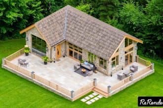 create a realistic 3d villa, facade farmhouse exterior design floor plan  layout