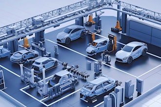 create a 3d automobile workshop, 3d car maintenance center, 3d car garage