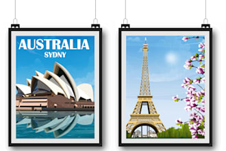 draw realistic travel, vintage, retro, art deco poster or landscape illustration