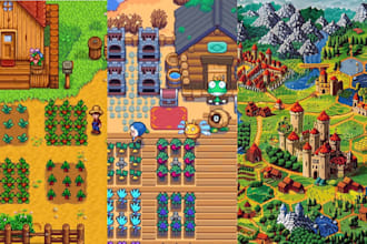 draw 2d pixel game art map pixel character pixel tileset pixel UI animation