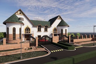 realistic exterior design, outdoor terrace, car park, landscape, patios, garden
