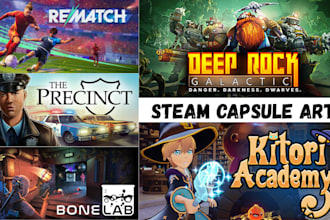 draw steam capsule game ui page banner art character design concept art dev logo