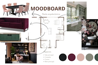 design an interior design mood board, a 2d floor plan, and a shopping list with