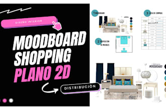 interior design with floor plan, mood board, and shopping cart