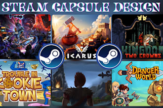 draw steam capsule, concept art,character design,2d game ui,banner page,dev logo