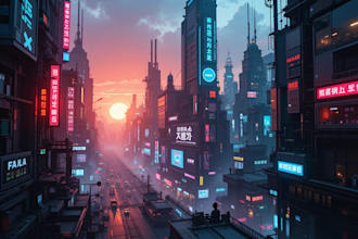 create a cyberpunk futuristic city art