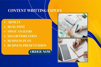 write  blog post, swot analysis, SEO optimization, business plan market research