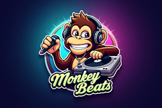 do awesome cool dj monkey spinning a turntable mascot logo