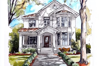architectural house portraits and landscape scenery with watercolor