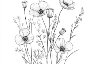 hand draw botanical illustration line art of plants, flowers