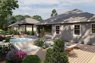 realistic landscape garden patios BBQ, pool, backyard frontyard, exterior design