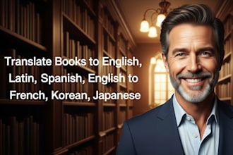 translate books to english, latin spanish, english to french, korean, japanese